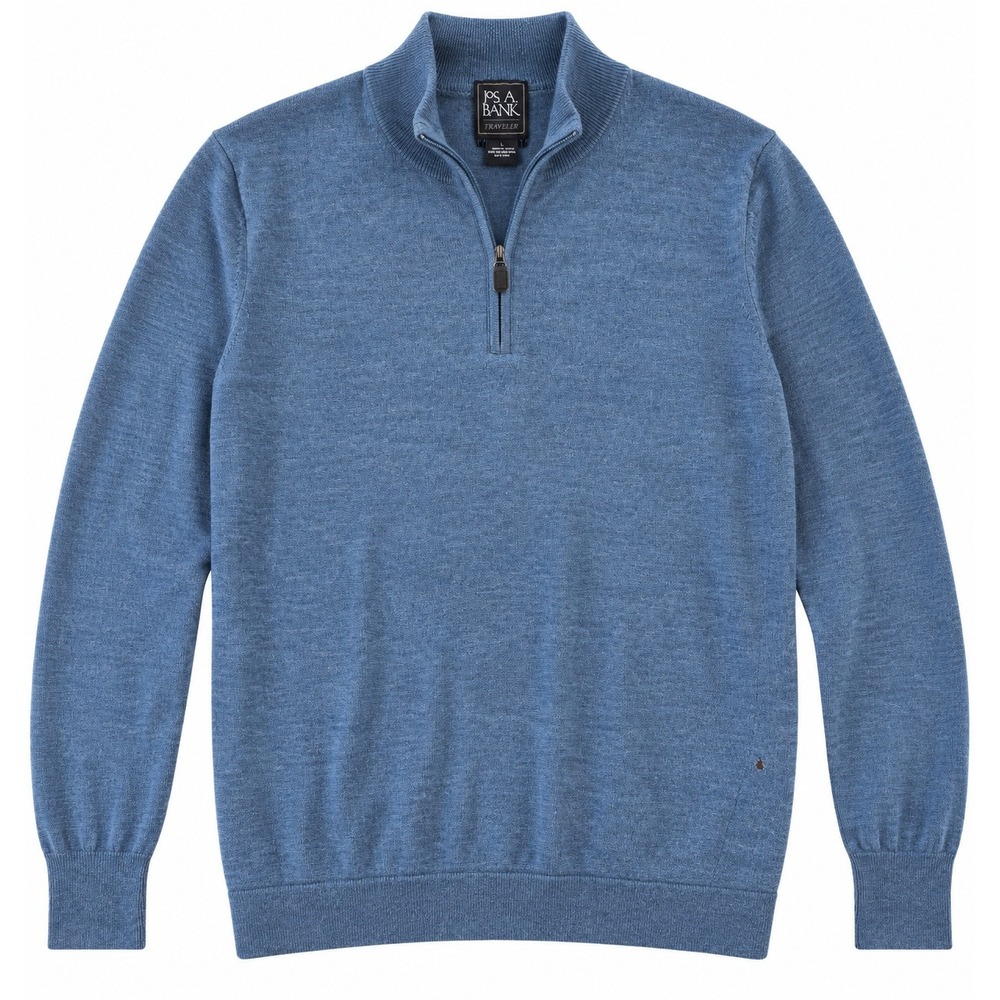 Jos A Bank Traveler Men's L 100% Merino Wool Blue Quarter Zip Sweater